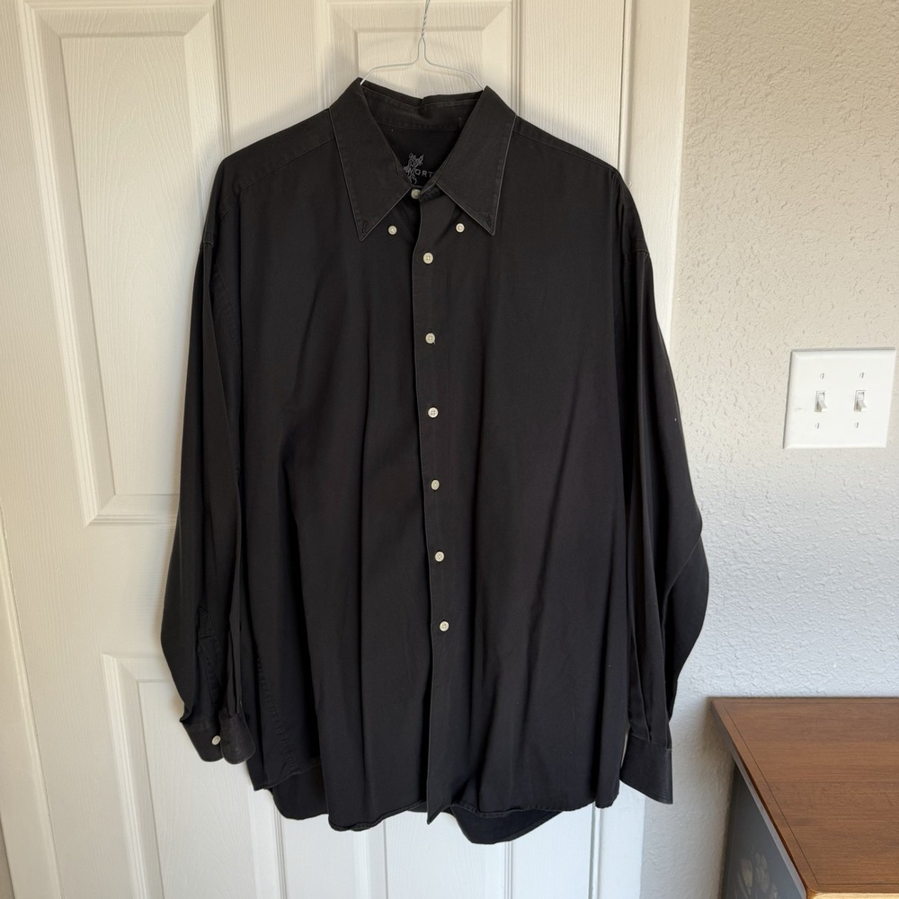 Ashworth Men's Black Solid Cotton Woven Long Sleeve Button-Up Shirt XL